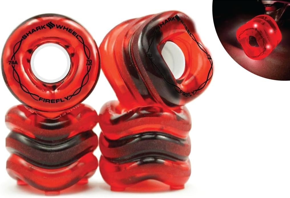 Shark Wheel 70mm, 78a Firefly Long Board Wheels - Clear with Red Lights Set of 4, Transparent Red with Red Lights
