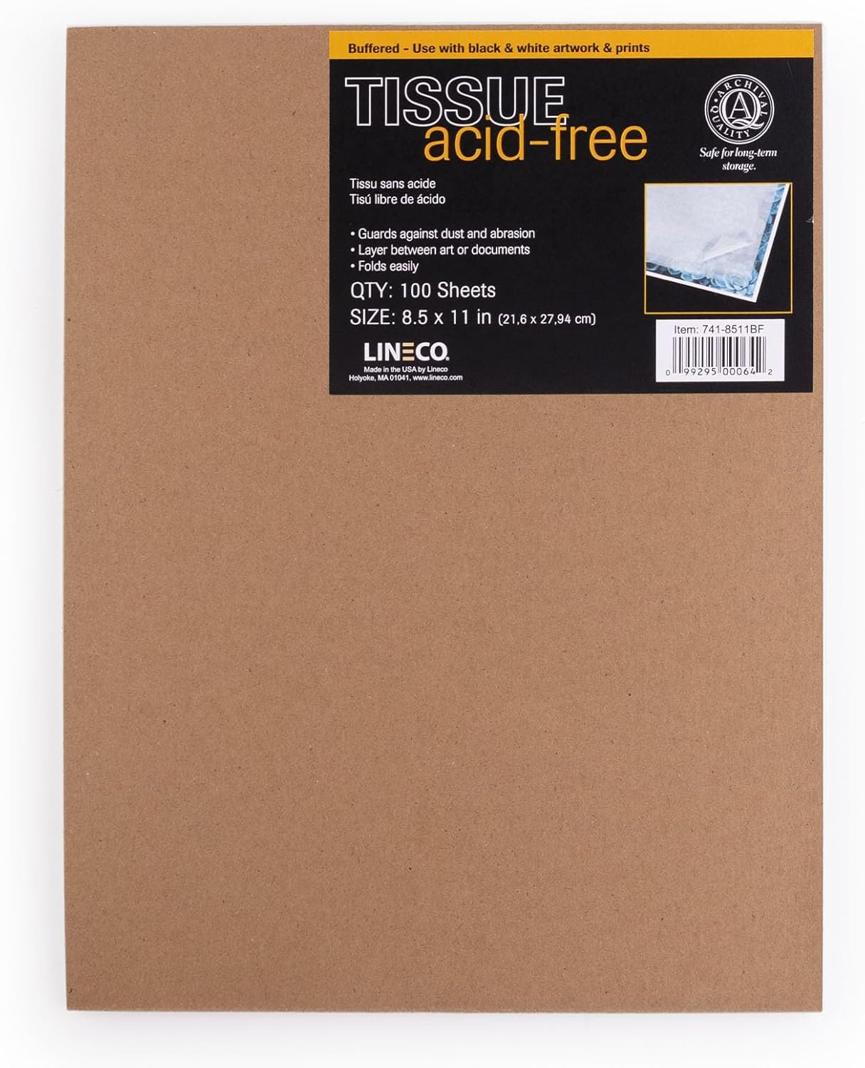 Lineco Buffered Acid-Free Interleaving Tissue 8.5&amp;quot x11&amp;quot, Archival Paper Extends Life of Pictures, Photographs, Artwork and Textiles, for Black &amp; White, Color, and Albumen Prints, Pack of 100