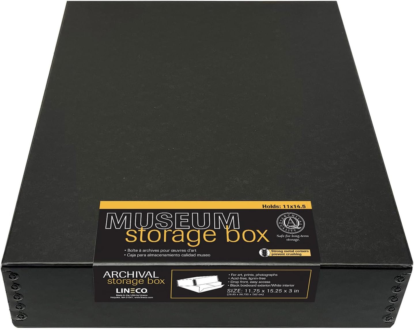 Lineco Archival 11 x 14 x 3 inches Museum Archival Storage Box, Drop Front Design, Acid-Free with Metal Edge. Preserves Photos Documents, Black