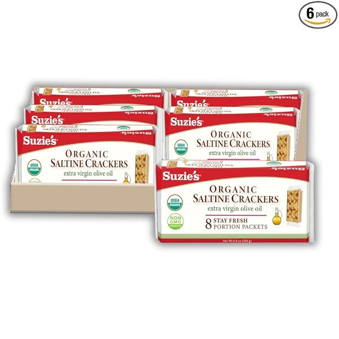 Suzie's Organic Saltines Crackers|Salted w/Extra Virgin Olive Oil|Low Saturated Fat|Healthy Gourmet Baked Vegan Snack for Adults &amp; Children| 6 Packs (48 individual Stay Fresh Packs) - 8.8oz Each