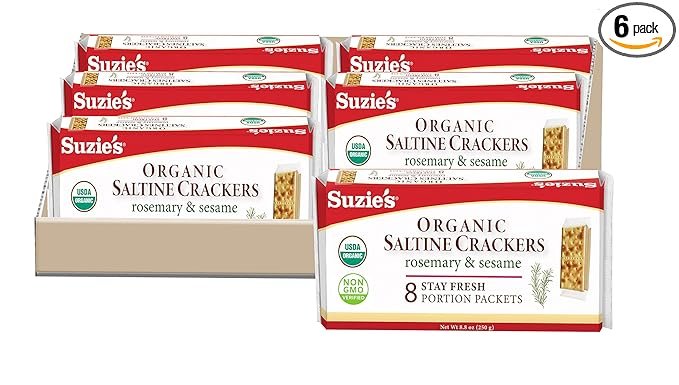 Suzie's Organic Saltines Crackers, Rosemary Sesame, Healthy Gourmet Baked Snack Goodies for Adults &amp; Children - 6 Pack, 8.8oz Each